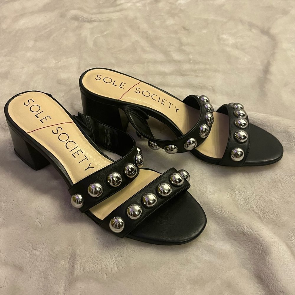 Sole Society black sandals embellished with silver studs, block heel. 7M